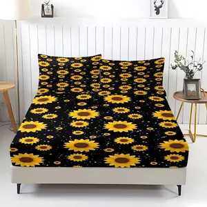 3Pcs Starry Night Floral Fitted Sheet Set, Whimsical Sunflower and Sparkling Stars Print Bedding Set, Deep Black Background, Soft and Durable Fabric, Perfect for Playful Bedroom Decor and Sweet DreamsIncludes 2 pillowcases (pillow inserts not included).