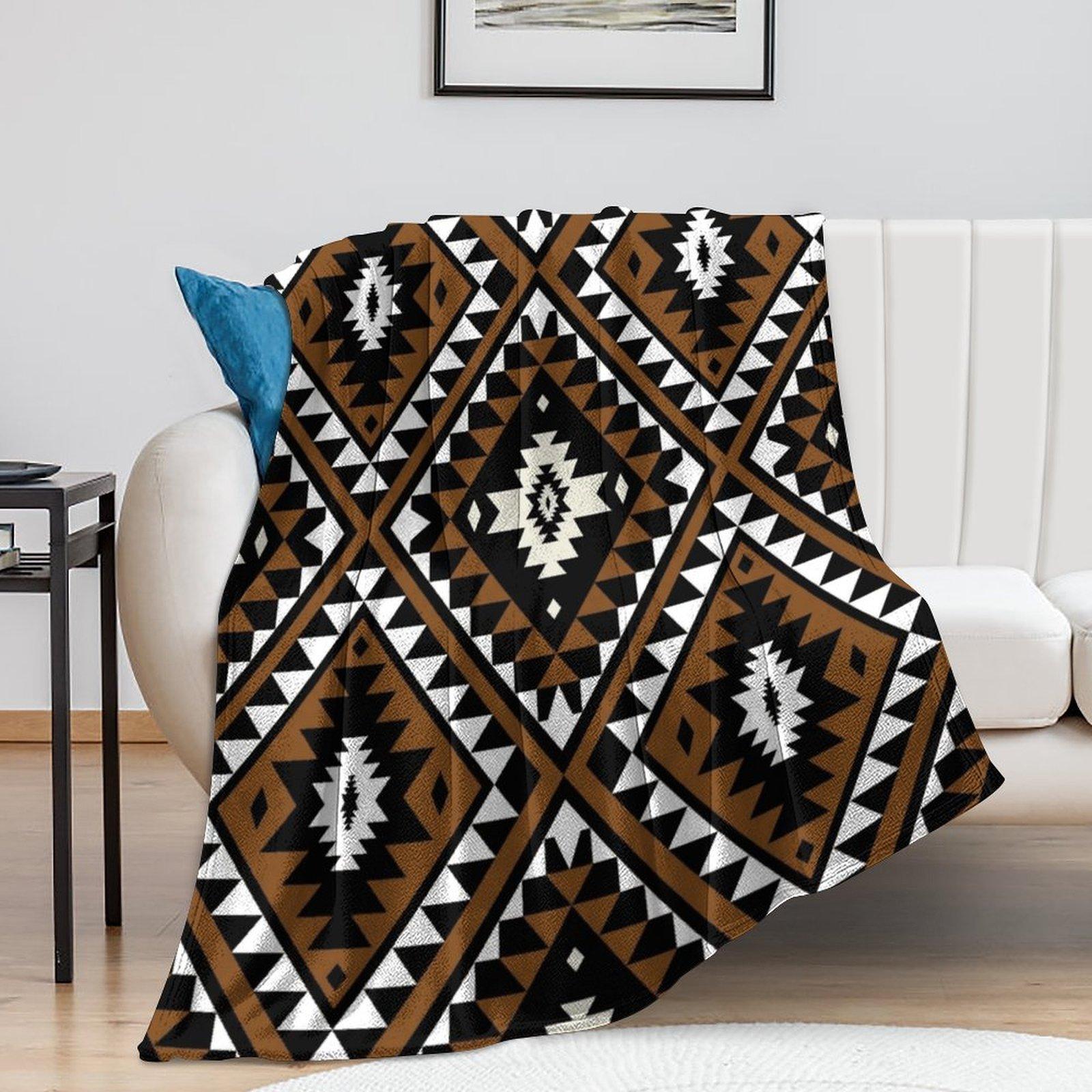 Navajo Southwestern Tribal Fleece Blanket, Aztec Geometric Print Soft Cozy Throw, Brown Black Boho Western Home Decor Gift for Couch Bed