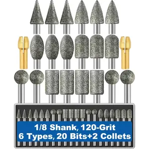20 count 120-Grit   Bit 1/8" Shank with 2 Collets Compatible with Dremel Rotary Tool Attachment Accessories Grinding Burrs for Stone Glass  Porcelain Ceramic Quartz  Steel Carve