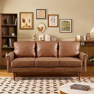 Mid-Century Faux Leather 3-Seater Sofa with Comfort Cushion, PU Leather, Deep Seat, Retro Design for Living Room