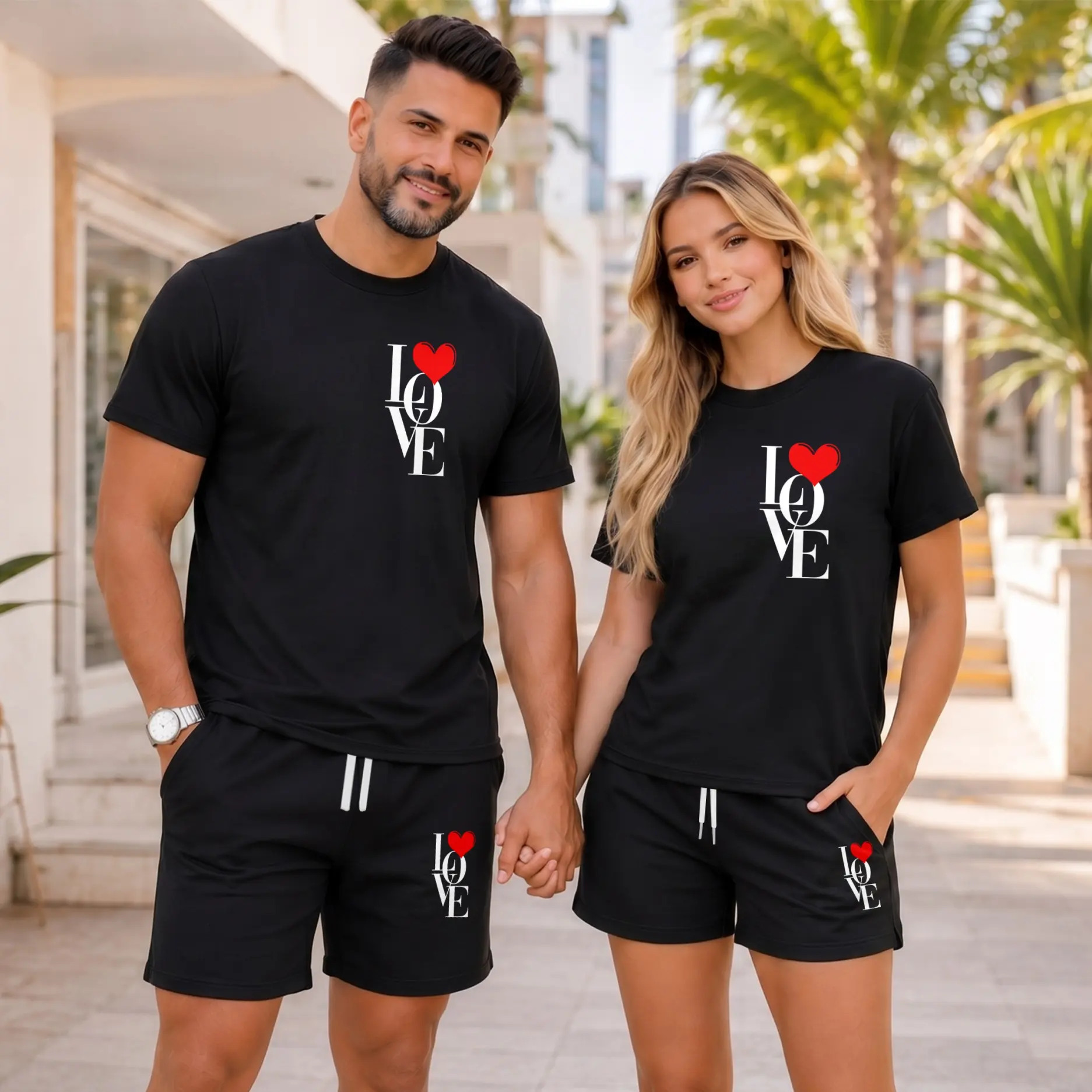 Couples’ Matching Love Heart T-Shirt and Shorts Set, His and Hers Summer Outfit, Casual Short Sleeve Tee and Drawstring Shorts Set for Vacation and Daily Wear