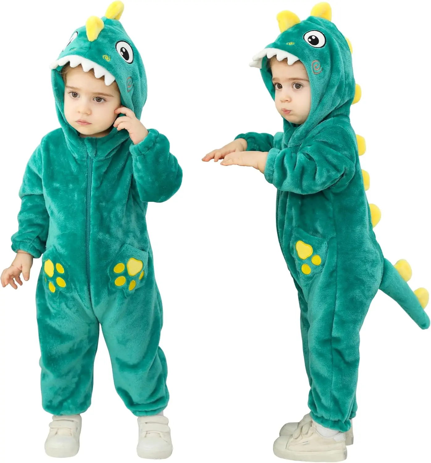 TONWHAR Dinosaur Costume for Toddler Boys & Girls, Halloween Dress Up Animal Hooded Romper One-Piece Outfit for Kids