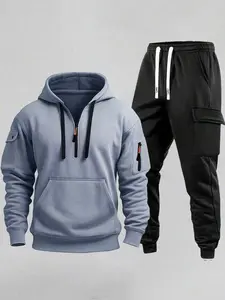 Men's Fall Winter Casual Fashion Fleece Lined Thick Knit Workwear Hoodie Sweatshirt Set, Warm Fitted Pullover for Cold Weather