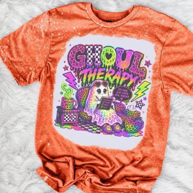 Halloween - Ghoul Therapy Bleached Shirt Comfy Unisex Jersey Top Casual Vintage Style Short Sleeve Crew Neck Medium Length