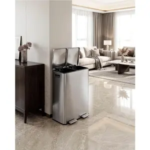 Hands-Free Dual 8 Gallon Step Trash Can for Recycling - 16 Gallon Total Capacity - Heavy Duty Stainless Steel - Removable Inner Buckets - Slow Close Lid - Ideal for Kitchen, Home
