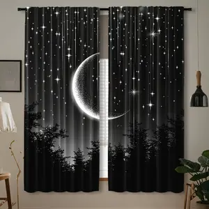 2-piece Set, Starry Night Moon and Forest Print Curtains, Semi-transparent Rod Pocket Style, Suitable for All Seasons, Decorative Curtains for Bedroom, Living Room, Office