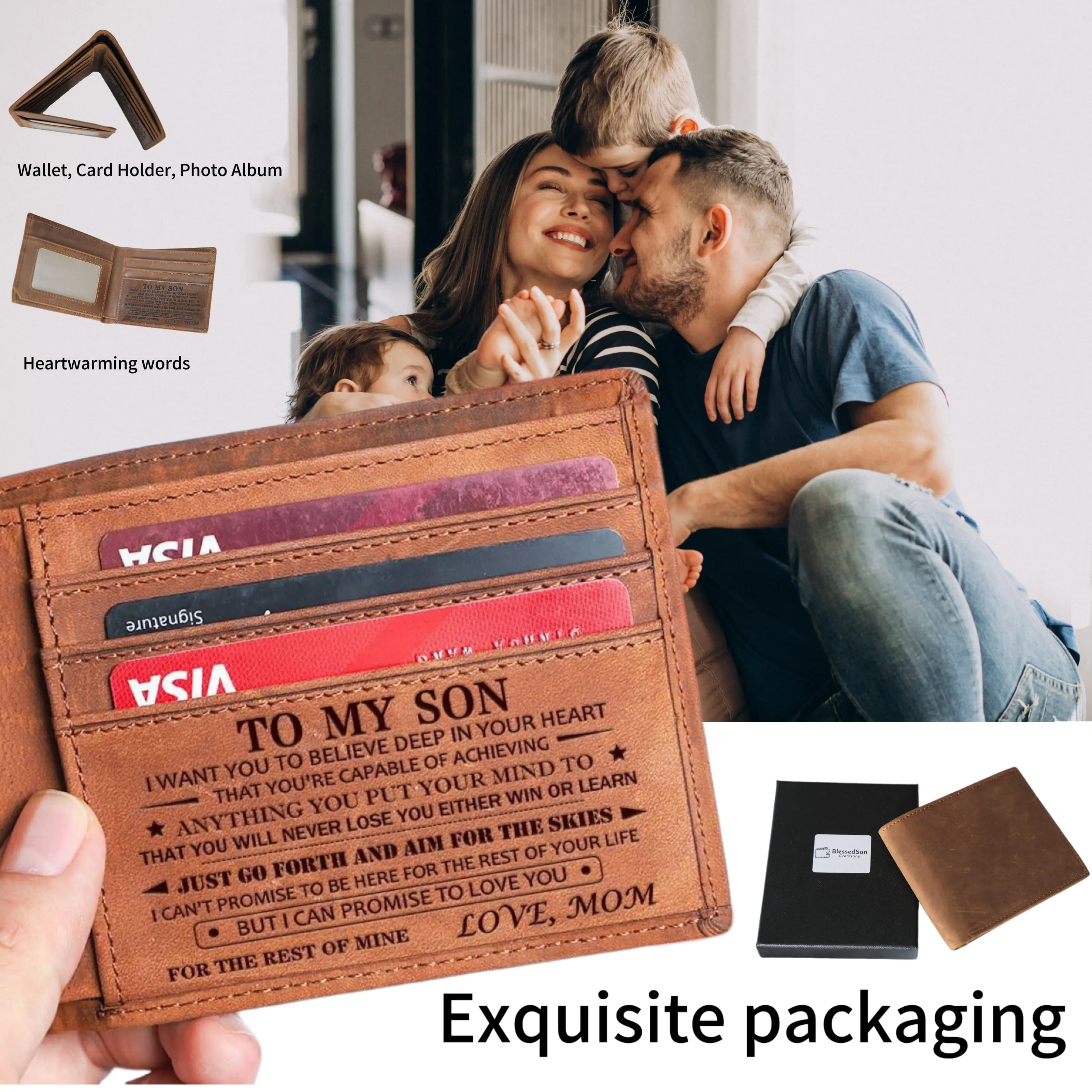 BlessedSon Easter gifts for son, engraved leather wallet, men's wallet, Graduation gift for son, thoughtful gift for boys, Spring gift, BlessedSon Easter basket,Easter decorations.Birthday gift from mom to their son,Back-to-school gift from Mom