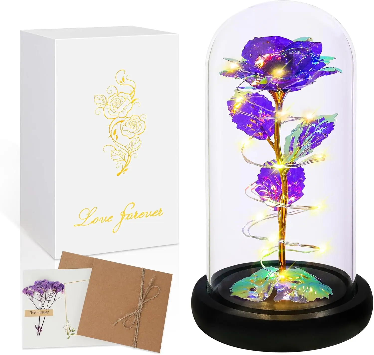 Childom Birthday Gifts for Women Mom,Flowers for Delivery Prime Christmas | Colorful Purple Flowers Light up Rose in a Glass Dome,Christmas Rose Gifts for Women Mom Her Wife Grandma Valentines Birthday