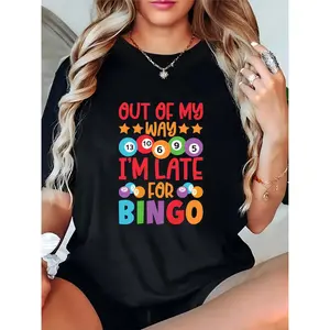 Women’s Funny Bingo Graphic T-Shirt | “Out of My Way I’m Late for Bingo” with Colorful Bingo Balls | Casual Short Sleeve Tee for Bingo Enthusiasts, Game Nights, Daily Wear
