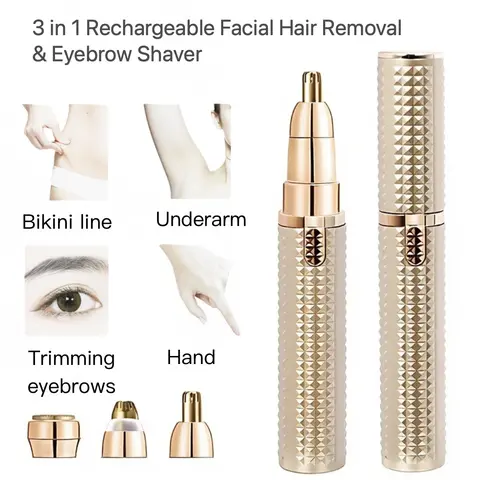 Women's 3-in-1 Rechargeable Multifunctional Hair Shaver - Compact Bathroom Gadget with Built-in LED Light, Lip & Peach Fuzz Remover, Eyebrow Shaver, 3 x Replacement Cutting Heads, High-Quality ABS Charger, Precise Trim (Rose Gold)