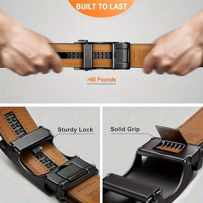 Black men’s leather belt buckle with automatic fastening, belt strap for men, youth-oriented, business-style, automatic fastening, matte finish.