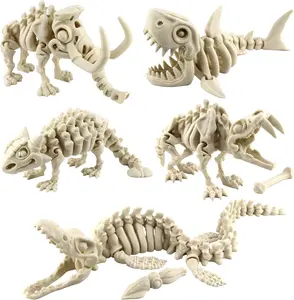 PowerTRC 5PCS 3D Printed Dinosaur Skeletons, Fidget Toys, Mosasaurus Ankylosaurus Mammoth Shark Saber Tiger Toy, 3D Printed Dragon Animals Toys, Articulated 3D Figurine Stress Relief Toy Bone White