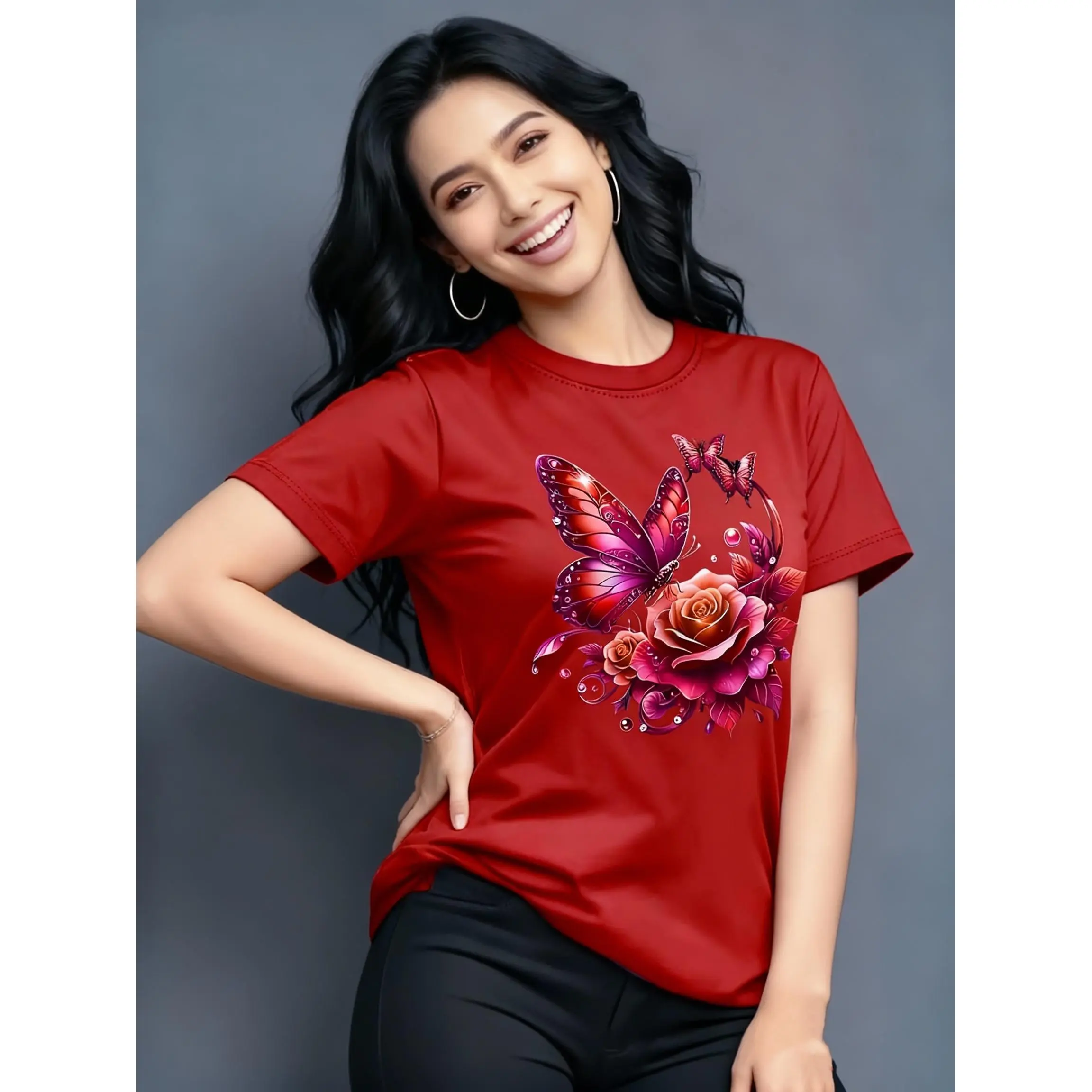 Women's Short-Sleeve Round Neck Polyester Graphic Top - Purple Rose & Butterfly Print, Breathable Knit Fabric, Lightweight Streetwear, Ideal for Spring/Summer, Great Birthday Gift, Do Not Dry Clean, T Shirts Women, Tops, Clothes