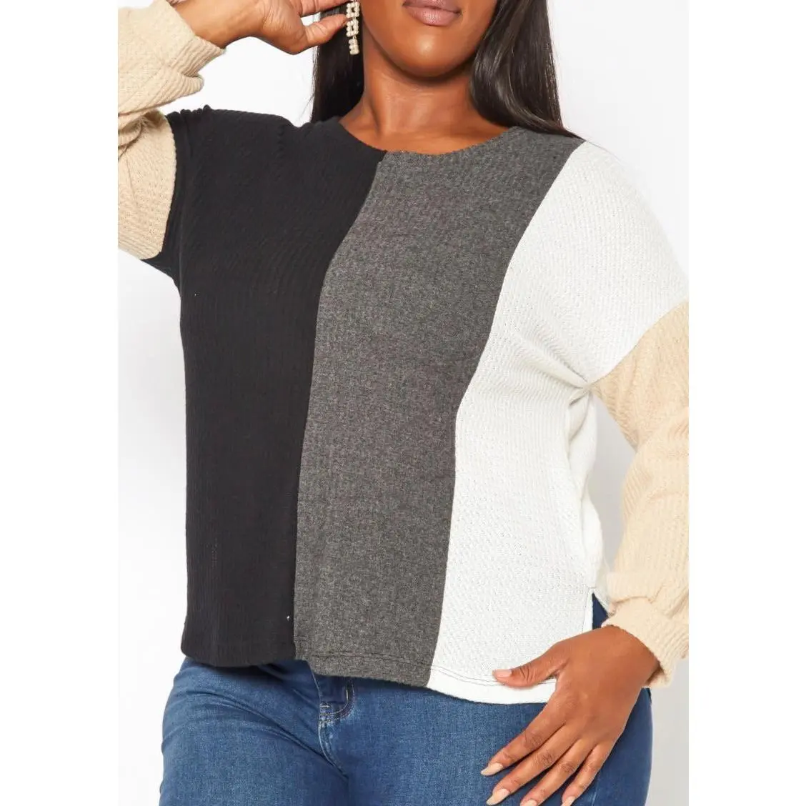 Hi Curvy Plus Size Color Block Waffle Knit Sweater
