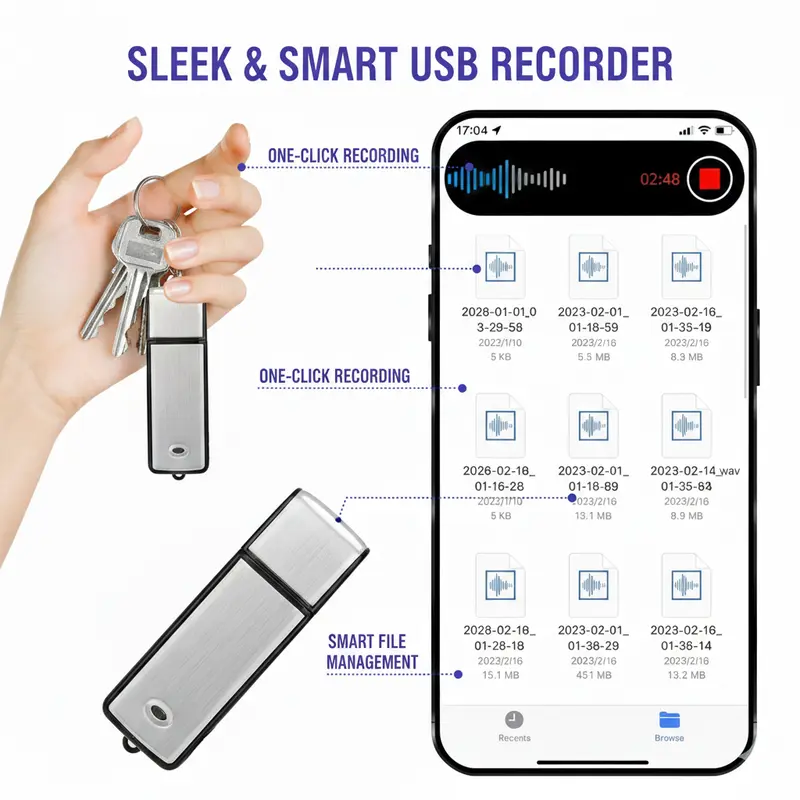 Sleek & Smart USB Digital Voice Recorder - 1-Click Start, Auto Save, Effective Noise Reduction, Portable Audio Digital Product for Business Meetings, Class Notes