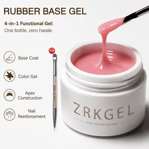 ZRKGEL Rubber Base Builder Extension Gel - BIAB Nail Care Manicure Cosmetic, Self-Leveling Nude Pink Milky White, UV/LED Light Cure Soak-Off for Ballerina Gel Nail Art & At-Home Use