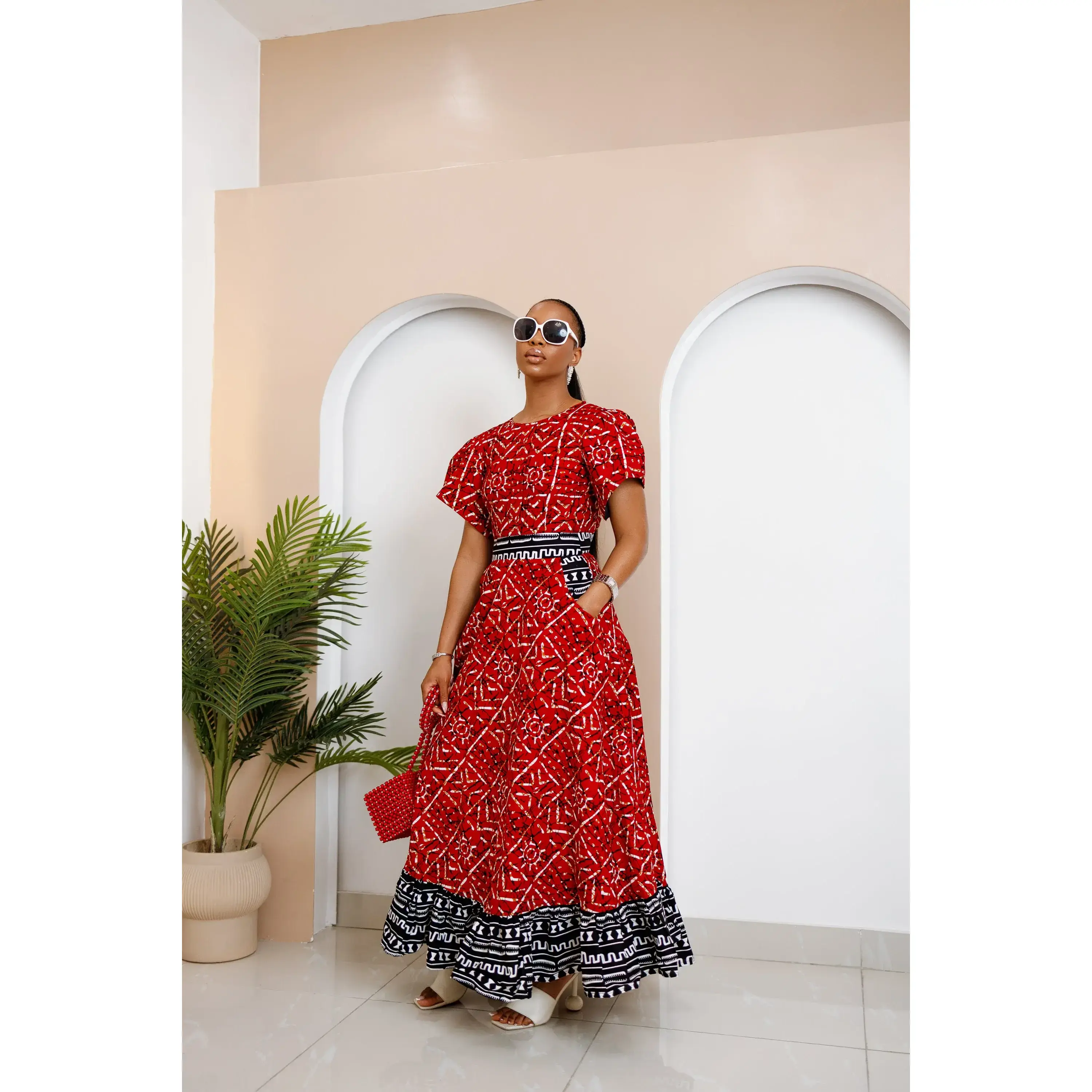 Women's Red Ankara Maxi Dress in a Geometric Batik Print | 100% Cotton Fabric with Flutter Sleeves, Pockets & Zipper, Style, Fitted, Earrings, Soft, Lady, Afro Modern, Piece, Ethnic Evening Dresses
