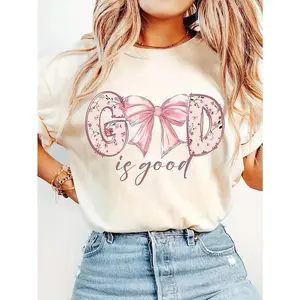 [100% Cotton] 1pc Women's Vintage Christian "God Is Good" Bible Verse T-Shirt with Floral Bow Design, Soft Round Neck Short Sleeve, Machine Washable Beige Casual Top for Mother's Day, Father's Day & All Festivals Golf Gift T-Shirt For Men and Women