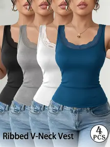Multi-Pack Mixed Color Ruched Lace Trim Tank Tops, Camisole Shirts, Slim-Fit Sleeveless Shirts, Casual Graphic Style, All-Season Women's Wear
