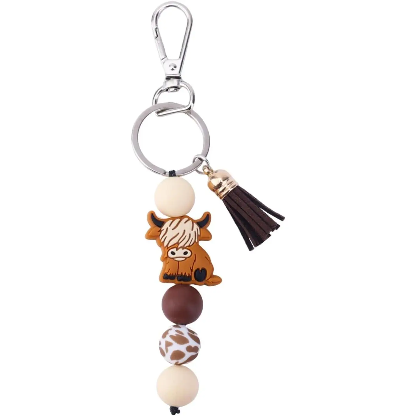 Baby Cute Silicone Highland Cow Keychain with Beads, Tassel - Animal Car & Bag Decoration Accessories, Animals