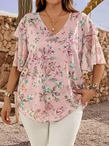 Women's Fashion Plus Size Elegant Floral Print V-Neck Bell Sleeve Top, Loose Knit Vacation Casual Daily Everyday Short Sleeve Shirt