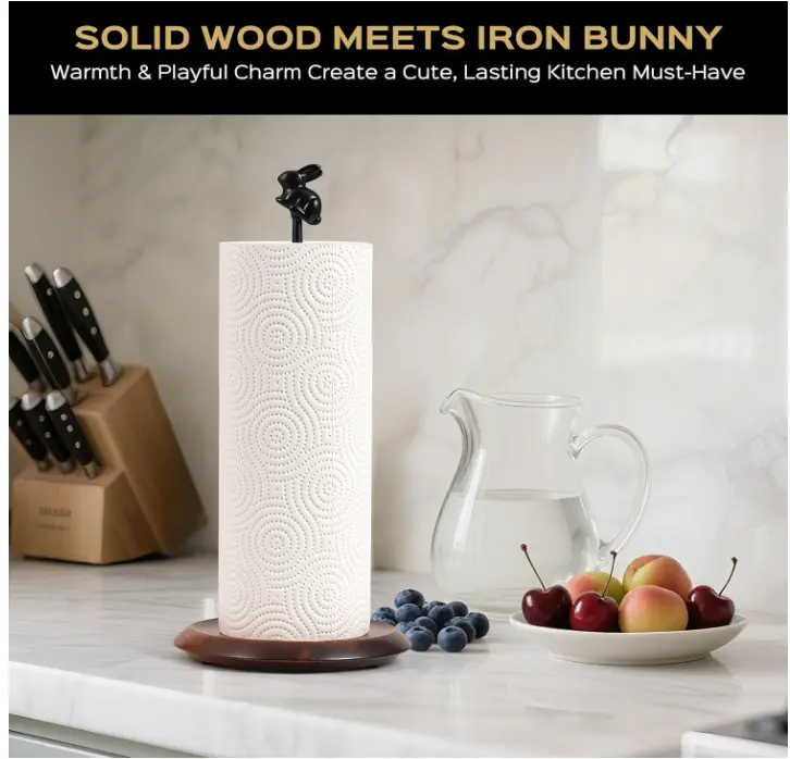 Paper Towel Holder Countertop, Cute Rabbit Design - Natural Solid Wood Base with Iron Rod - BLUE