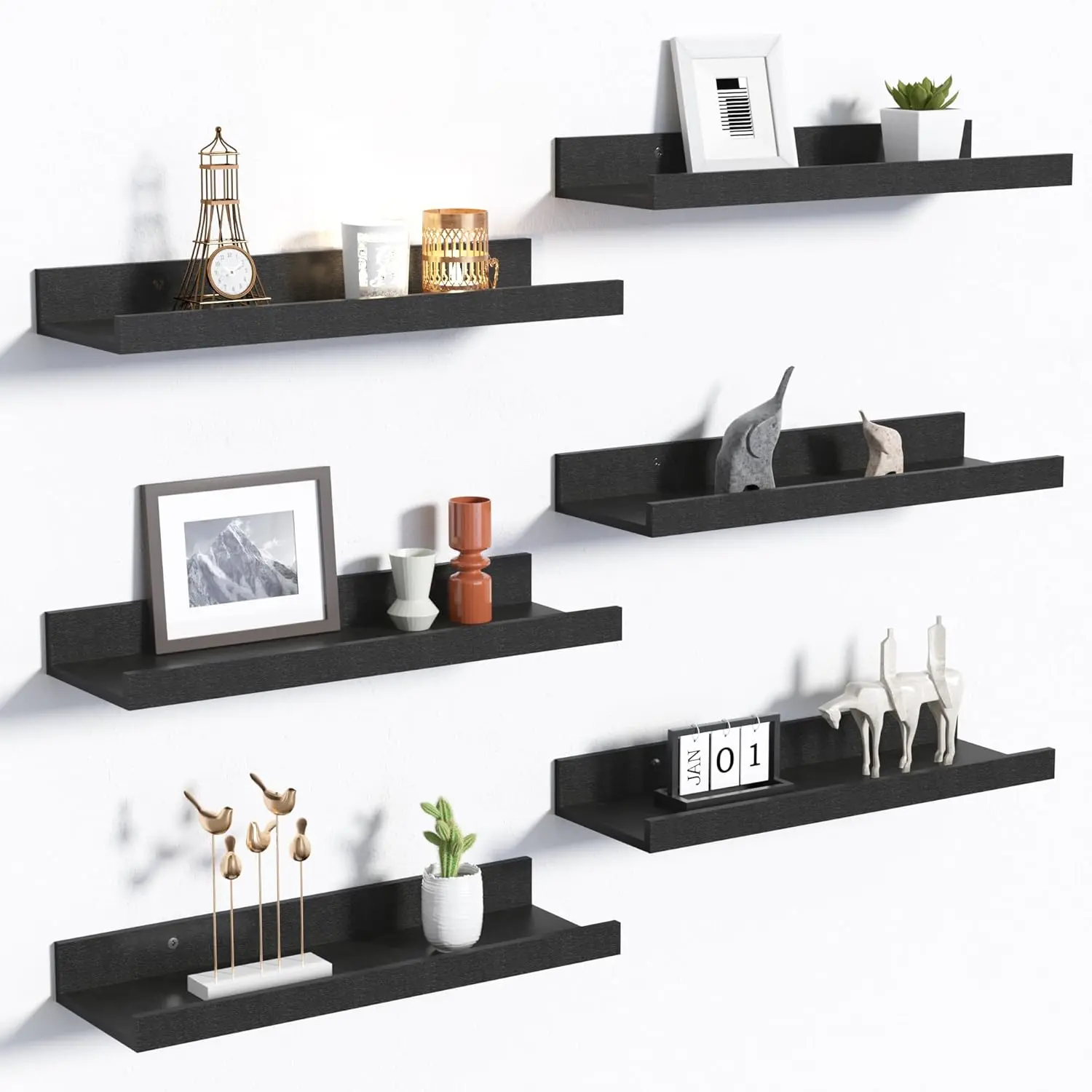 Floating Wall Shelves – Set of 6 Wall-Mounted Wood Shelves for Decor & Storage, Black Picture Ledge Shelf for Bedroom, Living Room, Bathroom & Kitchen, Space-Saving Home Organization, Modern Wall Display Shelving Unit