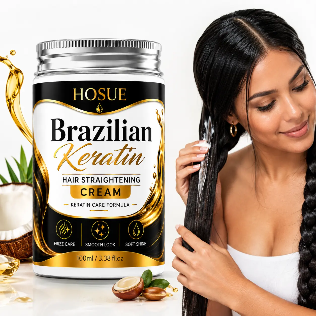HOSUE Brazilian Keratin Hair Straightening Cream, Improves Tangles,Frizz Control Smoothing Hair Mask, Deep Conditioning for Glossy Soft Hair, Curly Wavy Dry Damaged Hair Care, At-Home Salon Styling, Easy Application, Women & Men, Sleek Finish 2PCS