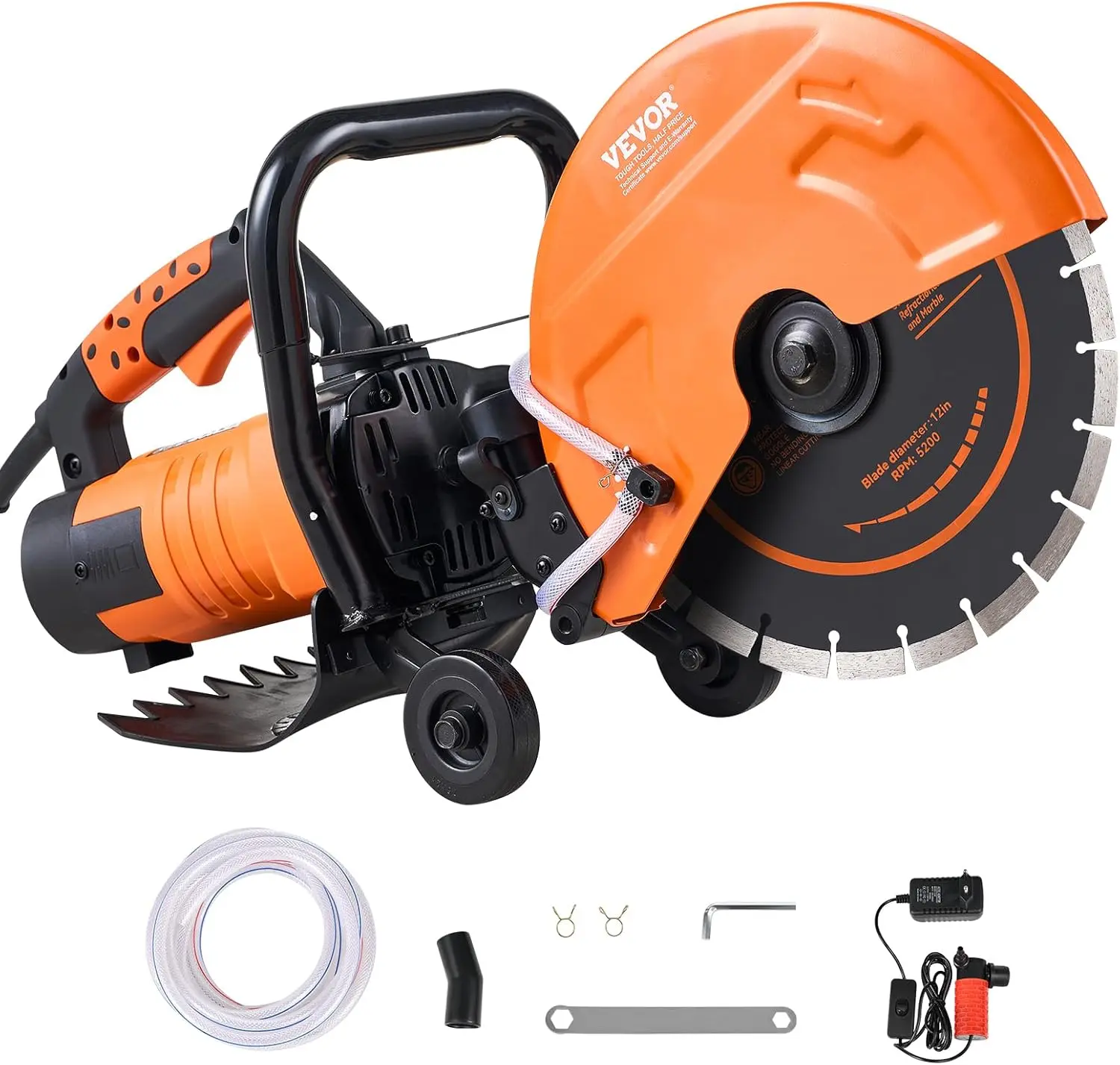 VEVOR Electric Concrete Saw, 12 in Pure Copper 1800W Power Circular Saw Cutter, D-Shaped Grip, Double Switch, Max 4.5 in Adjustable Cutting Depth, Wet Disk Saw with Water Line, Pump & Blade for Stone, Brick, Concrete Cuts