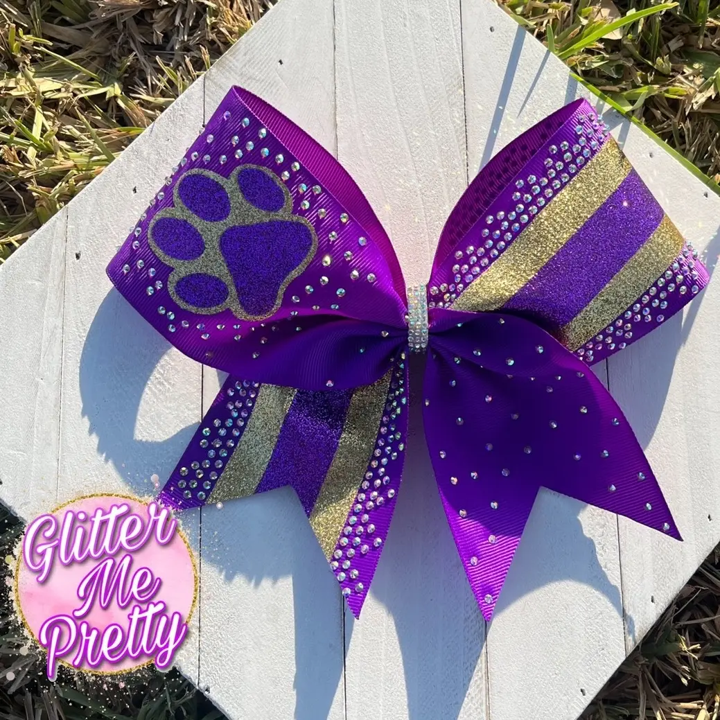 Cheer Bow Rhinestone Purple Gold Paw