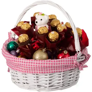 360 Stand Small Traditional White Round Willow Decorative Organiser Gift Basket - Stackable Home Organizer with Pink and White Gingham Liner, Sturdy Foldable Handles for Kitchen Food Snacks Storage, Outdoor Picnic, Stackable Organizer