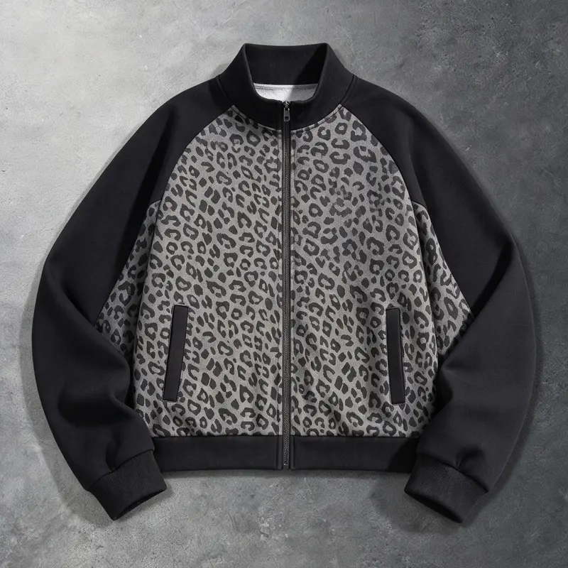 Men’s autumn/winter cotton-blend leopard-print zip jacket, Y2K retro loose athletic sweatshirt, versatile casual outerwear available as a single piece or multi-pack, street-style top suitable for everyday wear