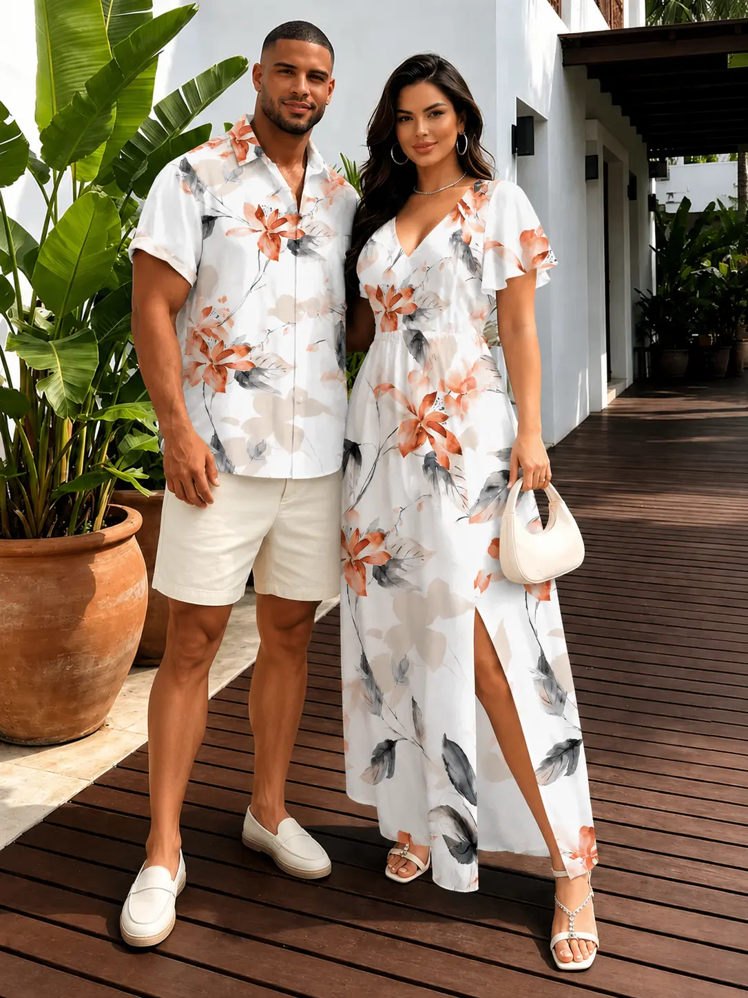 Bohemian Couples Matching Polyester Set (Dress+Shirt) - Women's V-Neck High Waist Slit Midi Dress, Men's Short Sleeve Watercolor Floral Leaf Print Top, Outfits, Casual