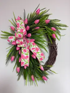 Pink Tulip Spring Grapevine Wreath with Designer Floral Bow | Elegant Front Door Decor