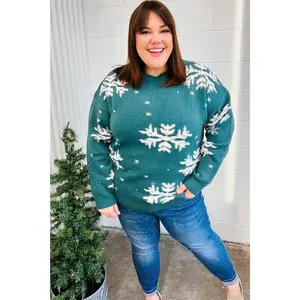 Season Greetings Hunter Green Puffy Snowflake Jacquard Sweater