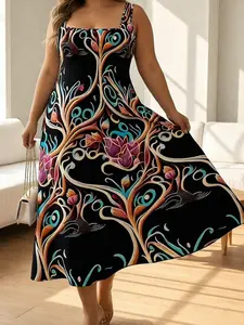 Women's Plus Size Casual Wear Sleeveless Mid-Long Floral Print Strap Piece Dress - Spring/Summer, Elegant, Comfortable, Chic Style
