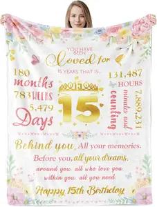15 Year Old Quinceanera Gifts for Teen Girls, Cozy Happy 15th Birthday Throw Flannel Blanket Gift for Daughter Sister, 130x150 cm Pink Floral Bday Gifts Ideas for 15th Granddaughter Female Friends