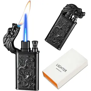 Lighter Dual Dragon Lighter, Windproof Jet and Soft, Refillable Butane Lighter for Candle,, Camping, BBQ (Butane)-Black