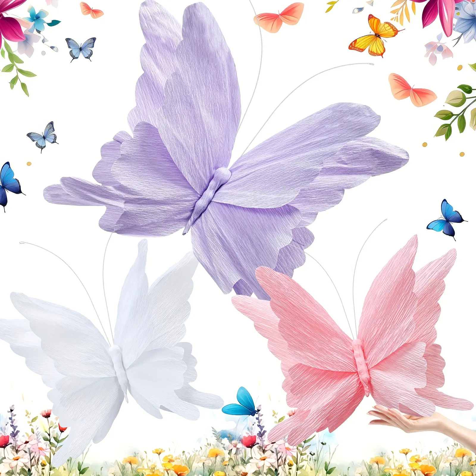 3pcs Set of Large 3D Wrinkled Paper Butterflies for Decoration, Suitable for Parties, Weddings, And Birthdays - Clip-On Hanging Paper Butterflies, Elegant Three-Piece Wall Decoration (11Inch, 20Inch)