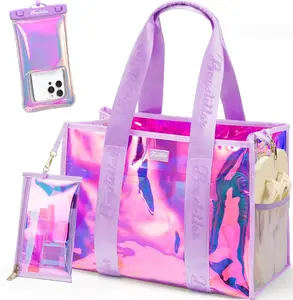 Iridescent Beach Tote Bags for Women, Large Zipper Beach Pool Swim Bag with Makeup Bag & Waterproof Phone Pouch |   Waterproof Sandproof, Adjustable Strap, Packable, Foldable, Travel Tote Bags, Vacation Essentials, Gift for Women