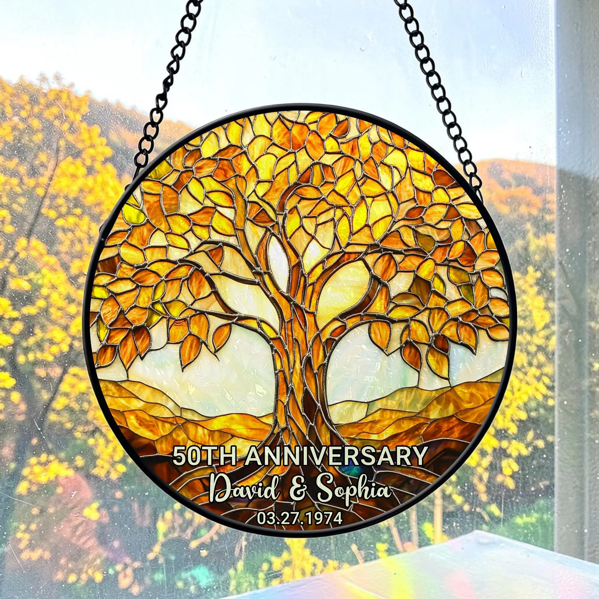 Personalized 50th Golden Wedding Anniversary Glass Suncatcher, Tree of Life 50 Years Wedding Anniversary Gift for Parents, Golden Wedding Keepsake Suncatcher, Wedding Anniversary Gift, Couple Keepsake Gift, 50 Years of Marriage Anniversary Ornament