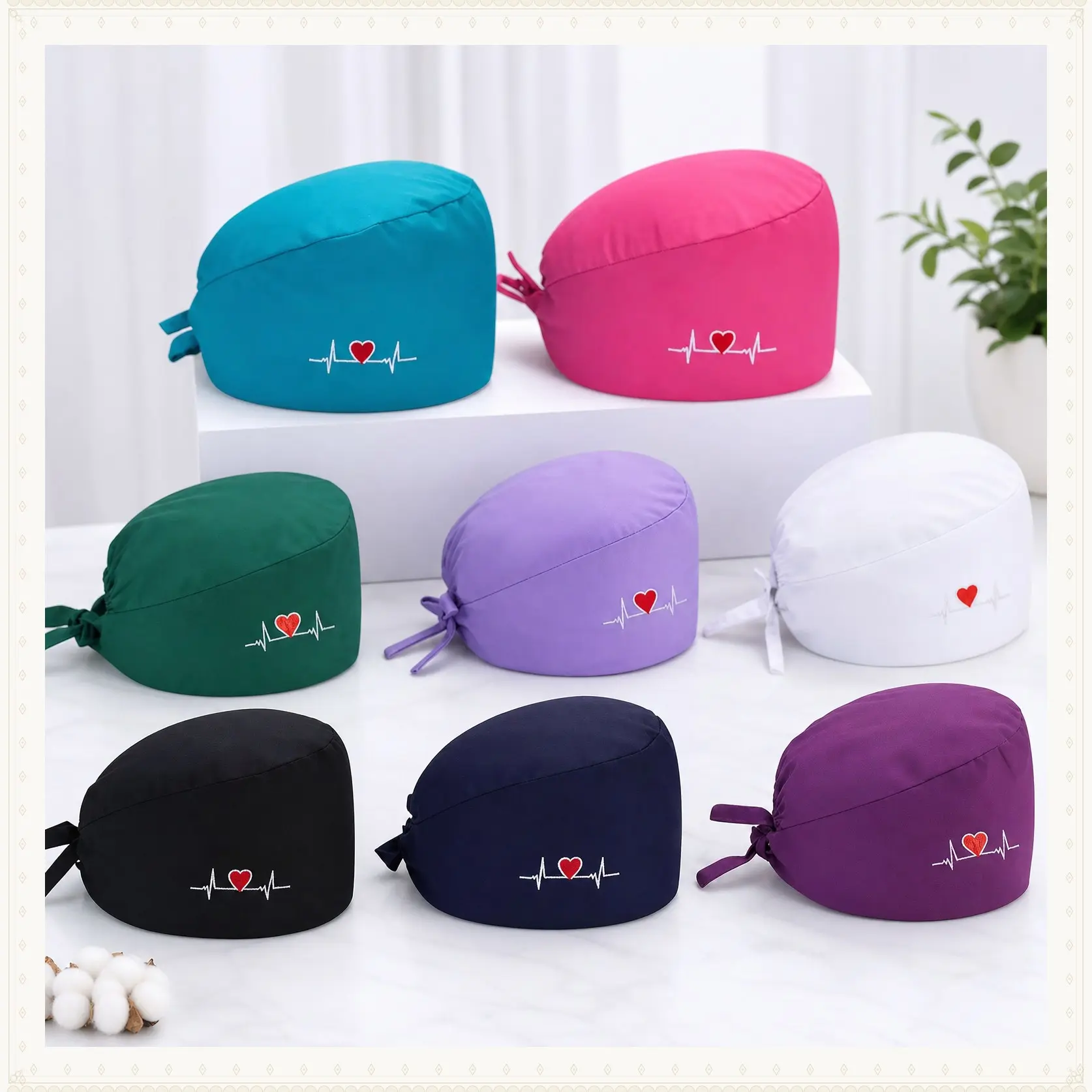 Unisex 8-Pack Essential Lead Scrub Caps with Heart Embroidery, Adjustable Sweatband - Versatile Comfortable Work Hats for Medical Professionals, Healthcare Accessories, Doctors, Basic, Beanies Hats, Unisex Clothes, Daily, Personalized Touch, Casual,