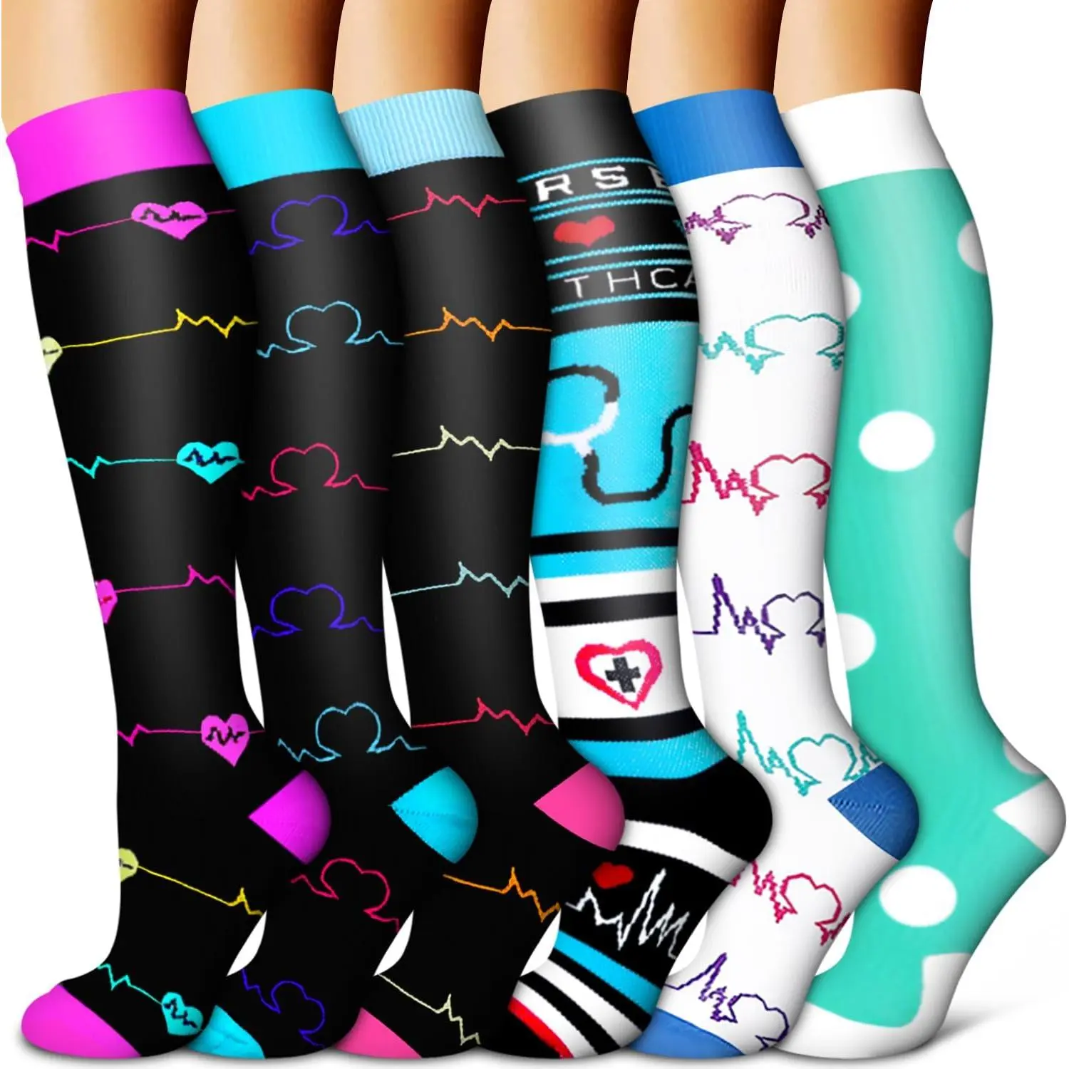 Copper Compression Stockings for Adults (6 Pairs) - Best Support for Running, Nursing, Recovery, 03A Black Triangle, 02 Black