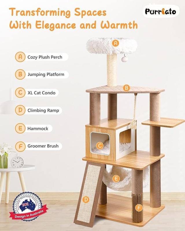 61" Modern Cat Tree Tower for Indoor Cats Luxury Climbing Tower with Plush Lounge Kitty Condos Hammock & Scratching Posts Classic Cat Furniture
