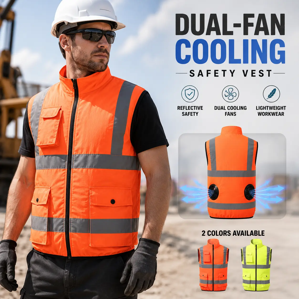 Men’s Cooling Safety Vest with Dual Fans, High-Visibility Reflective Design, Safety Gear for Hot Weather Construction Sites & Outdoor Work, Power Bank Included