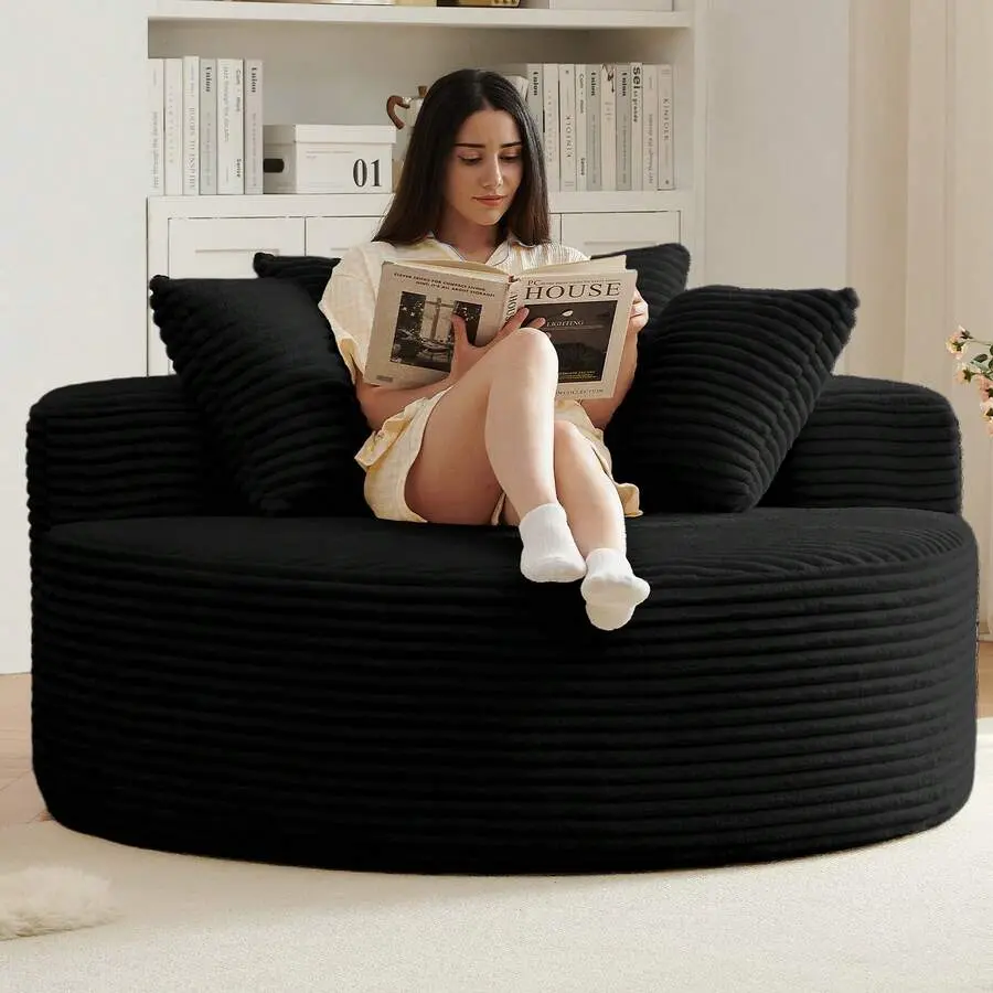 55-Inch Oversized Round Corduroy Curvilinear Tub Chair Cloud Couch - Body-Friendly Cushioned Deep Seat, Upholstered Sponge Single Sleeper, Modern Indoor Living Room/Balcony Floor Chair for Watch Parties, Black
