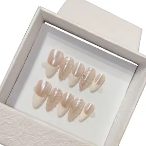 Handmade French Pearl White Diamond Almond Press On Nails Reusable Popular False Nails