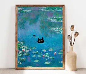 [Sale off up to 50%] - [Free Ship] Monet Waterlily Cat Poster, Claude Monet Cat Poster, Black Cat Art, Floral Print, Funny Cat print, Funny gift, Home decor Poster