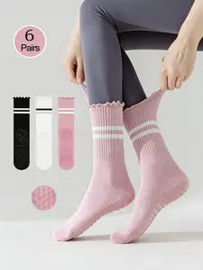 6 Pairs American Style Pilates Crew Socks, Anti-Slip Beaded Mid-Calf Socks for Yoga Ballet Fitness Hospital Scenes