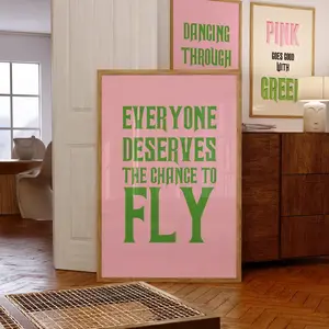 Pink Wicked Print – Wizard of Oz Wall Art, Glinda and Elphaba Quote Poster “Everybody Deserves the Chance to Fly”, Preppy Bedroom or Dorm Room Decor, Unframed